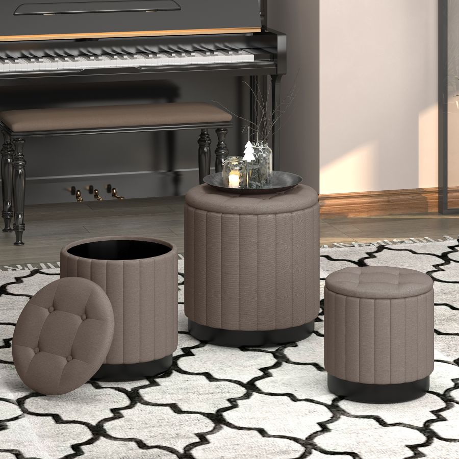 Lexi 3pc Round Storage Ottoman Set in Warm Grey and Black 402-173