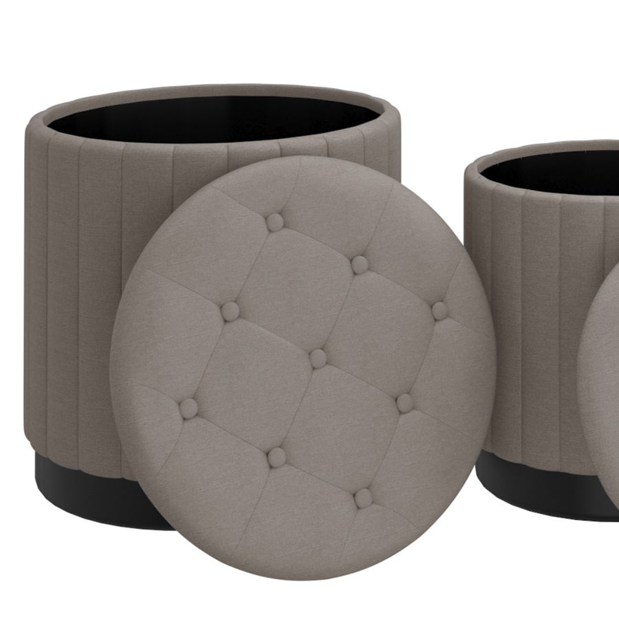 Lexi 3pc Round Storage Ottoman Set in Warm Grey and Black 402-173