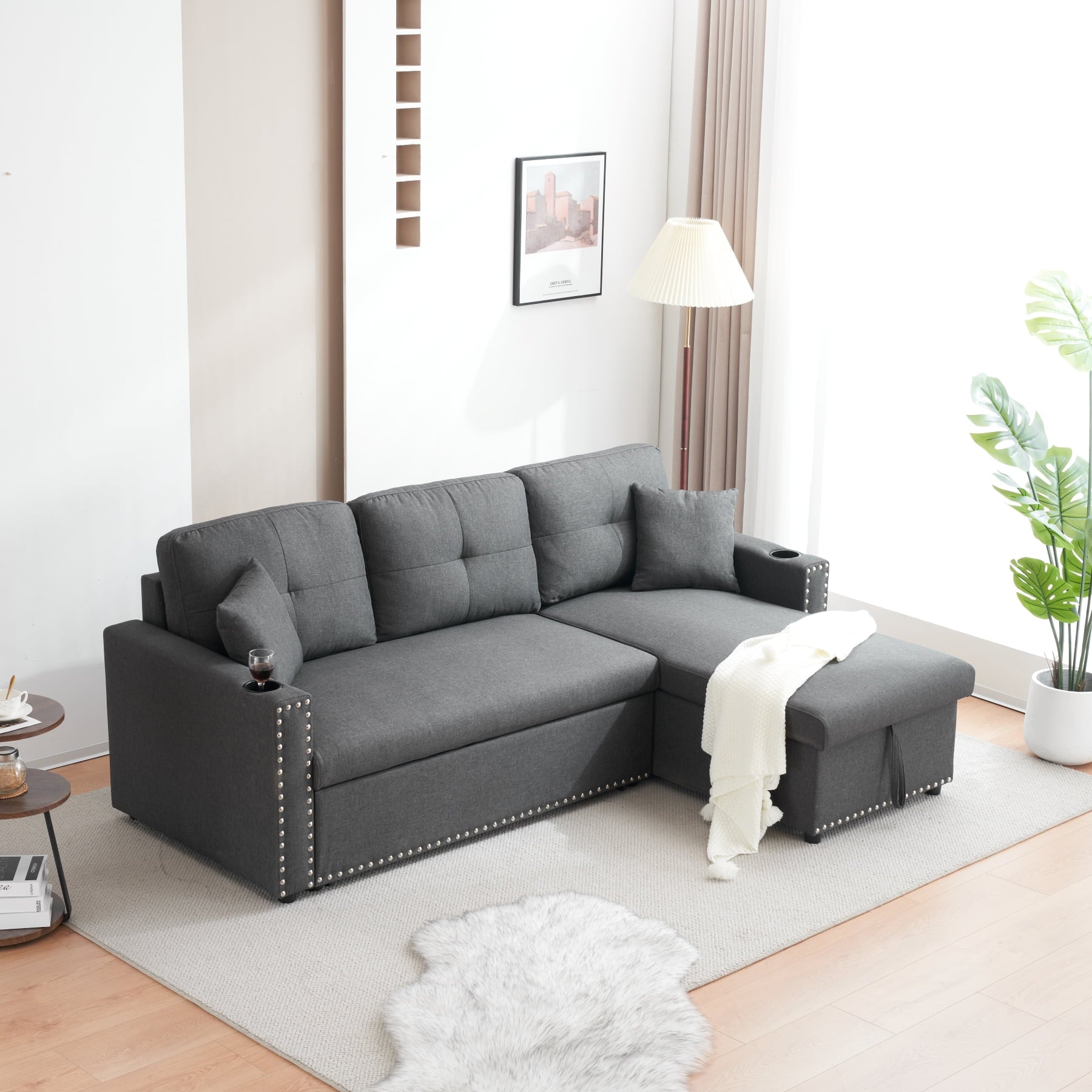Reversible Grey Pull Out Sectional Sofa Bed With Storage Chaise & Cup Holder 4788