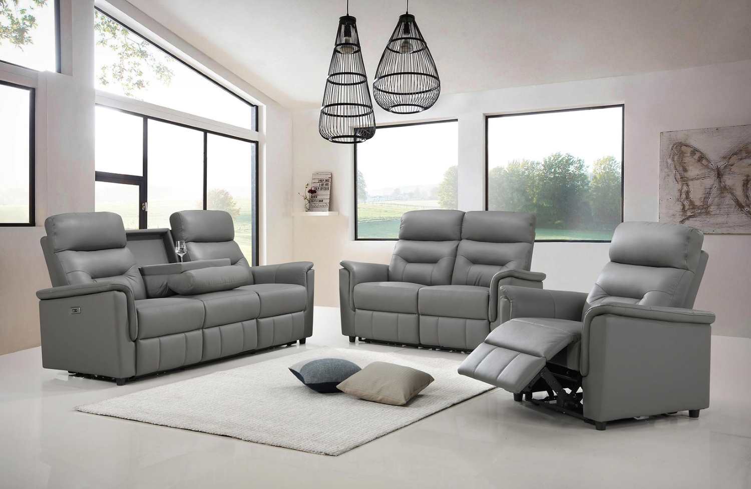 Light Grey Genuine Leather Power Recliner Set 8141
