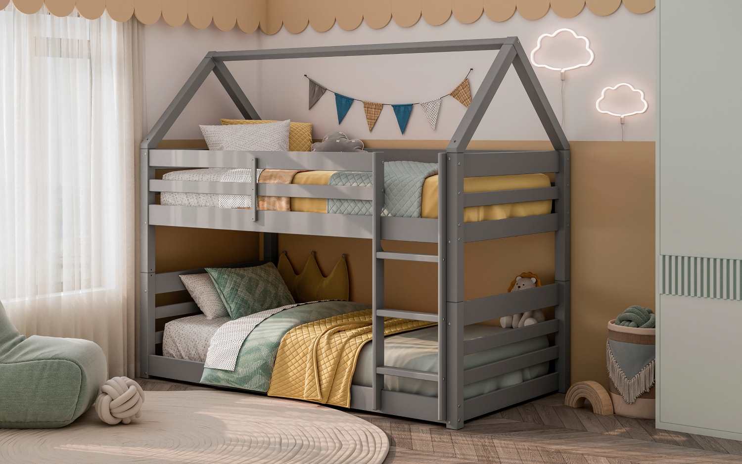 Light Grey Wooden Bloom Single Bunk Bed With Open Roof 2004