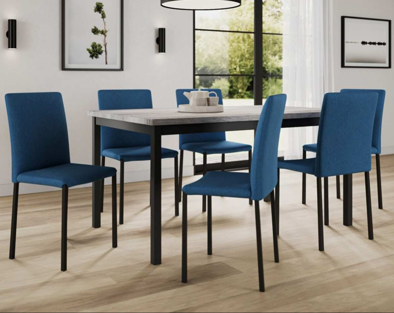 Light Grey Wooden Dining Table with 6 Blue Chairs 3722 / 3261