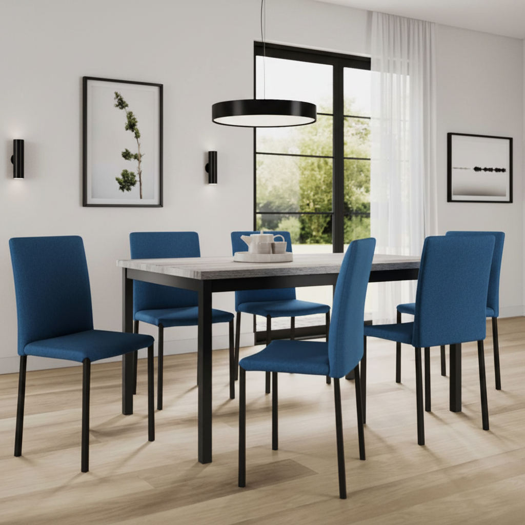 Light Grey Wooden Dining Table with 6 Blue Chairs 3722 / 3261