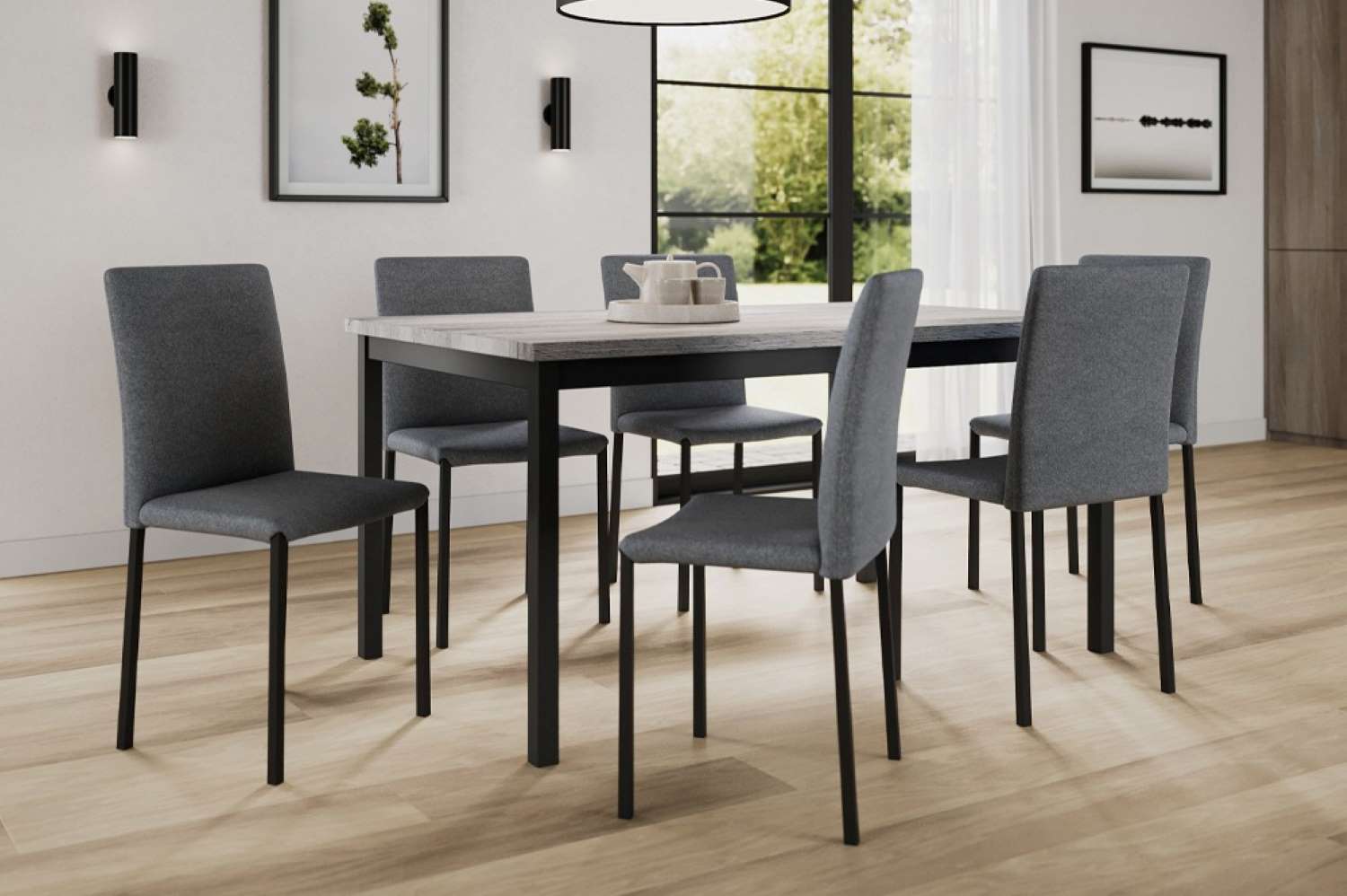 Light Grey Wooden Dining Table with 6 Grey Chairs 3722 / 3261