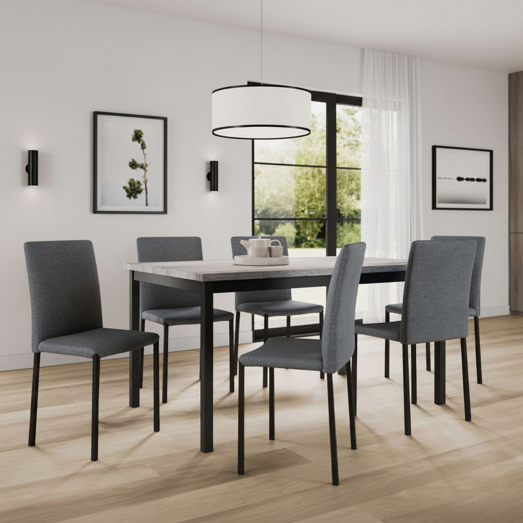 7-Piece Light Grey Wood Dining Table Set (Table & 6 Chairs) | Selacy