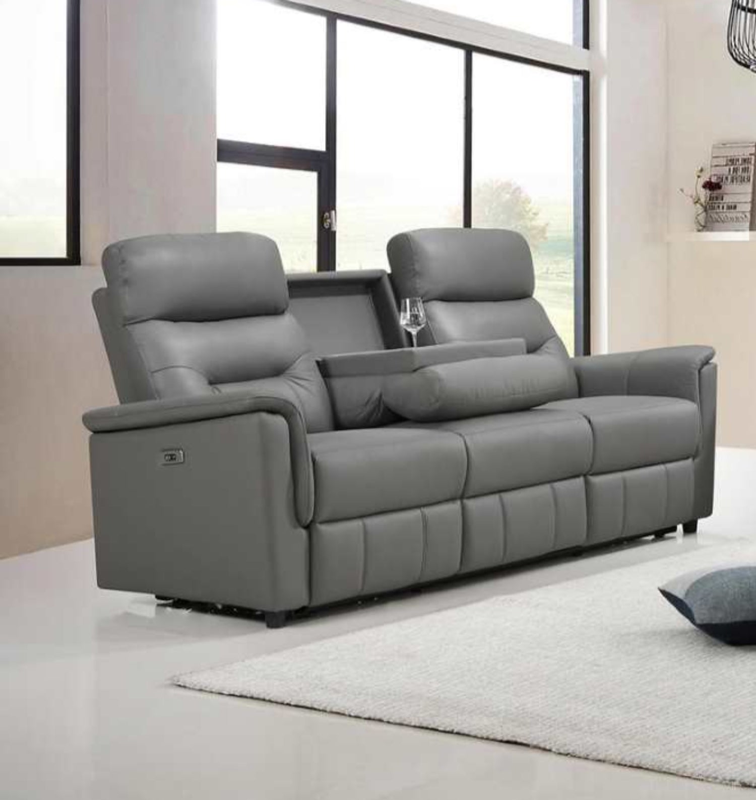 LIGHT GREY GENUINE LEATHER RECLINER SOFA