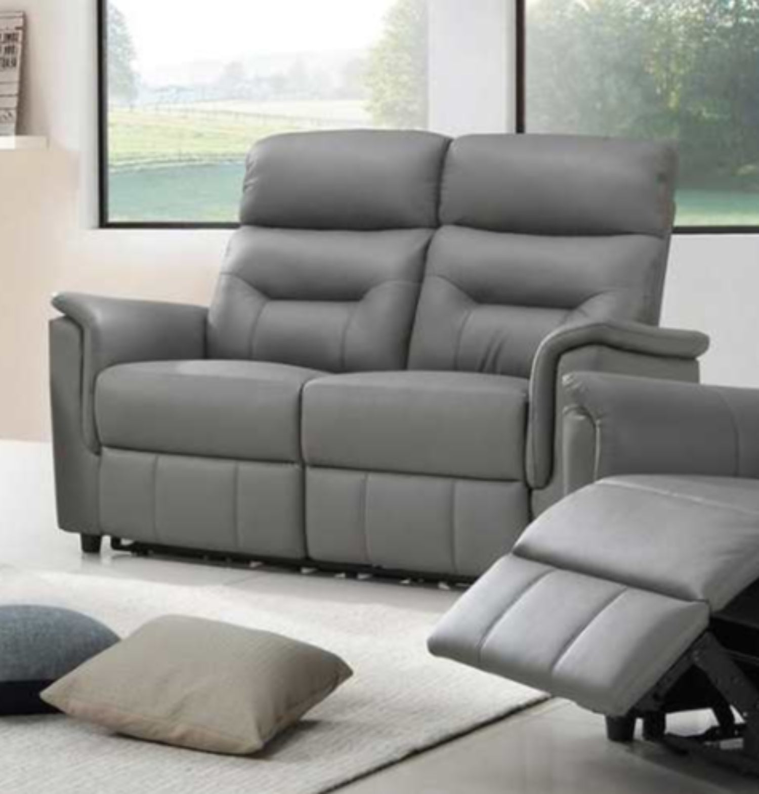 Light Grey Genuine Leather Power Recliner Loveseat 8141