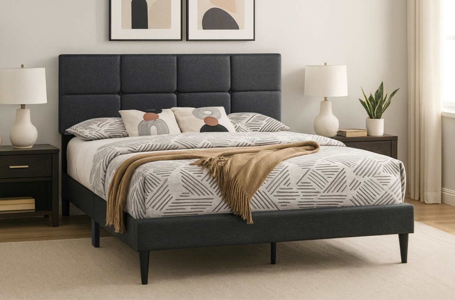 Linen Fabric Charcoal Platform Bed with Adjustable Headboard 2102