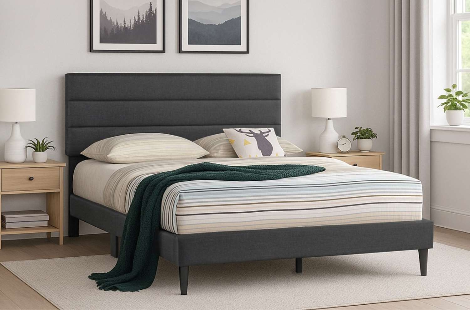 Linen Fabric Charcoal Platform Bed with Adjustable Headboard 2103