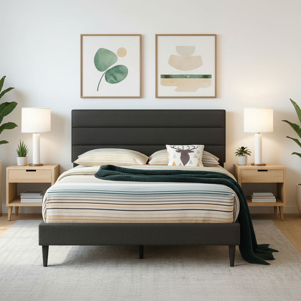 Linen Fabric Charcoal Platform Bed with Adjustable Headboard 2103