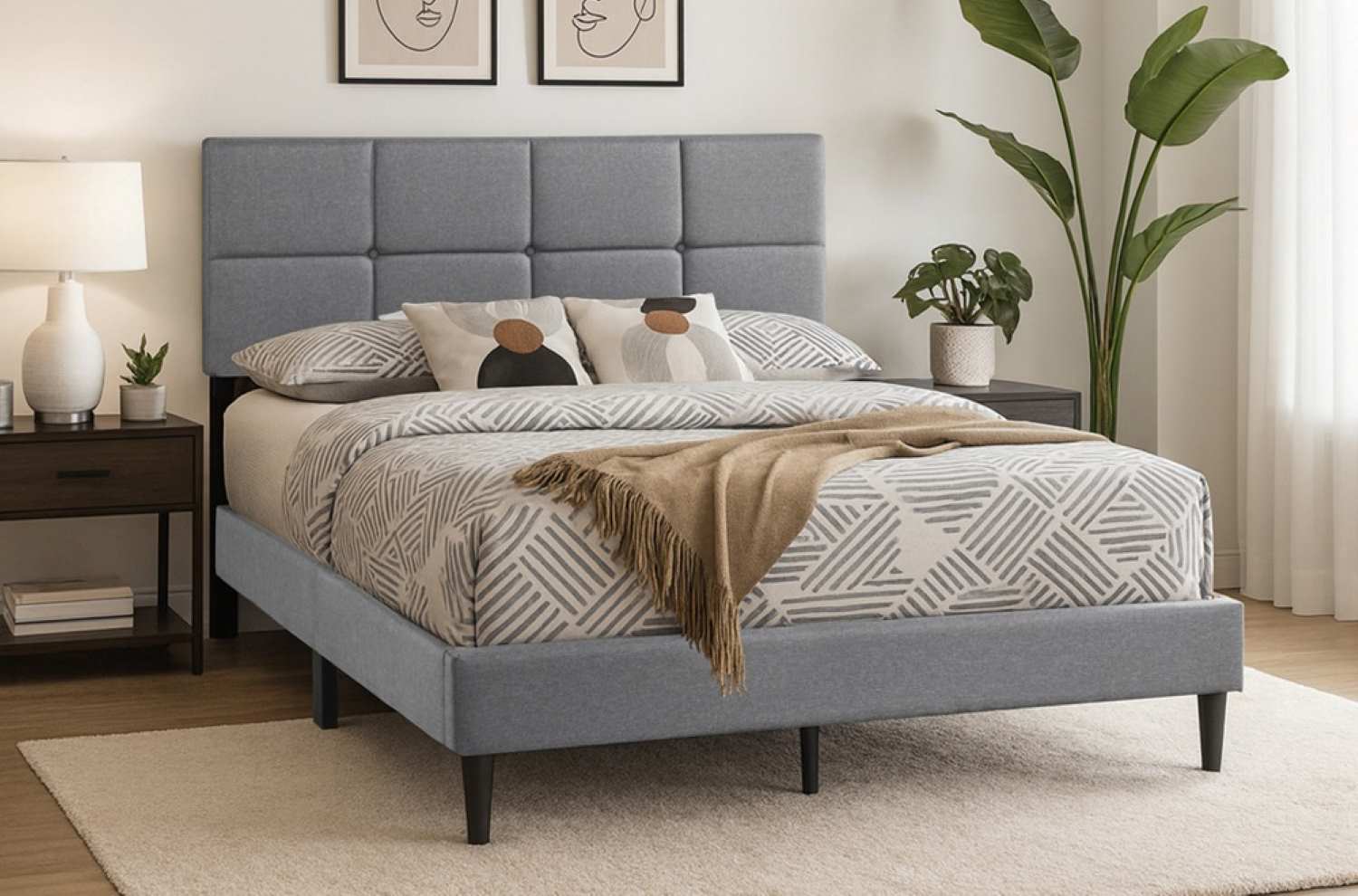 Linen Fabric Grey Platform Bed with Adjustable Headboard 2102