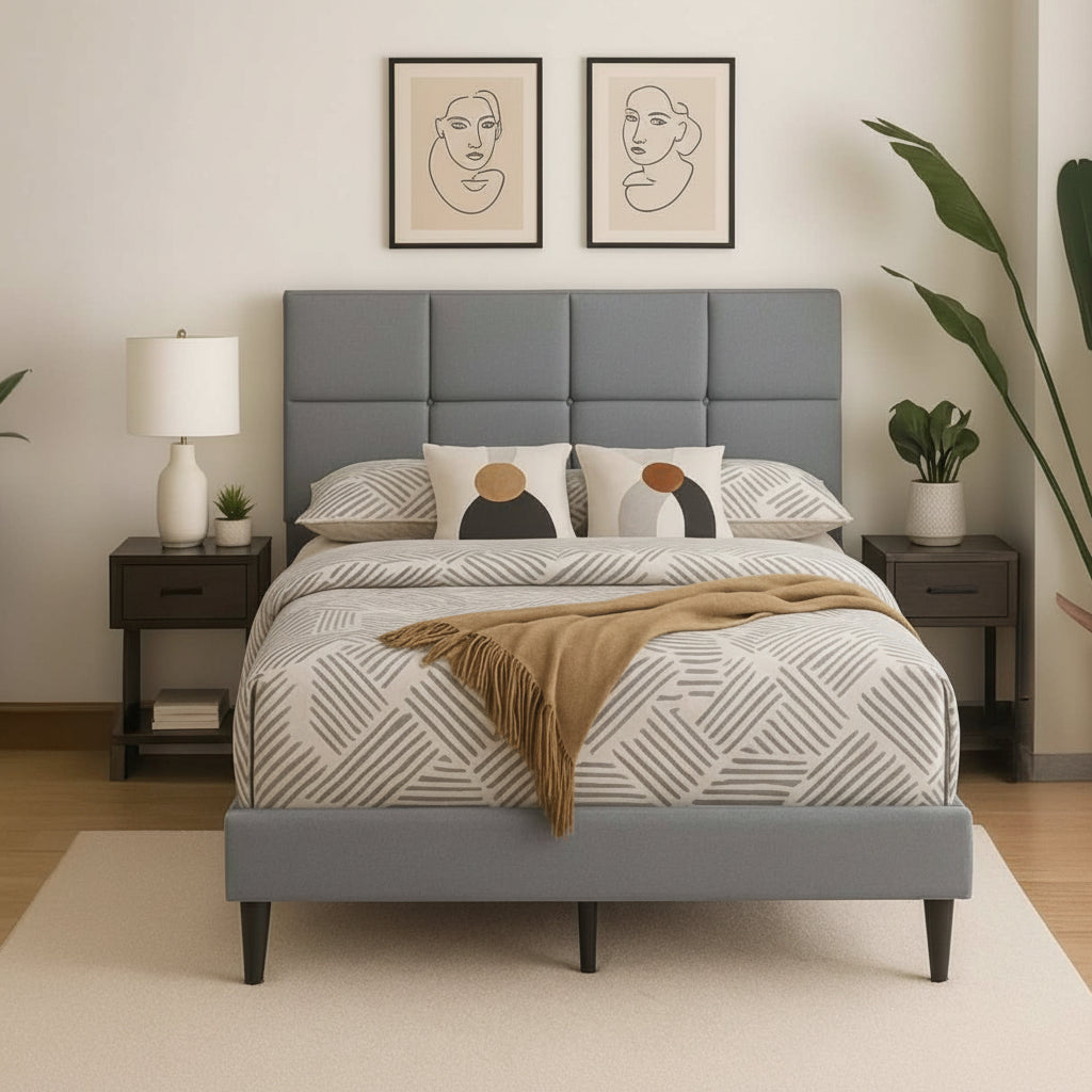 Linen Fabric Grey Platform Bed with Adjustable Headboard 2102