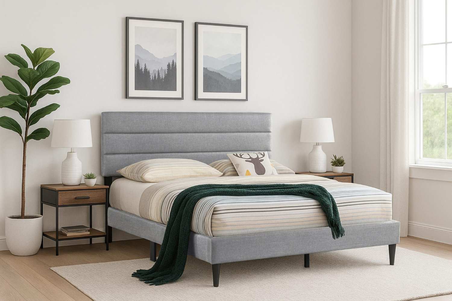 Linen Fabric Grey Platform Bed with Adjustable Headboard 2103