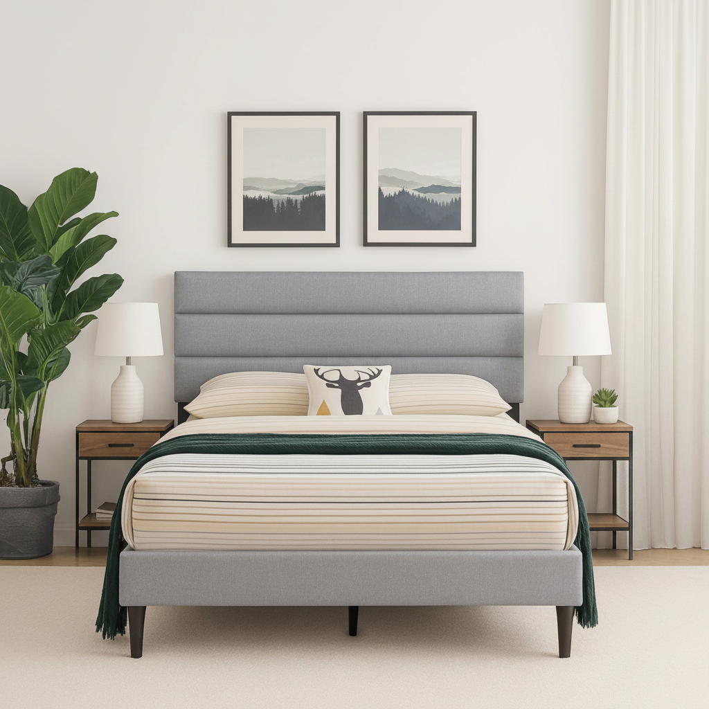 Linen Fabric Grey Platform Bed with Adjustable Headboard 2103