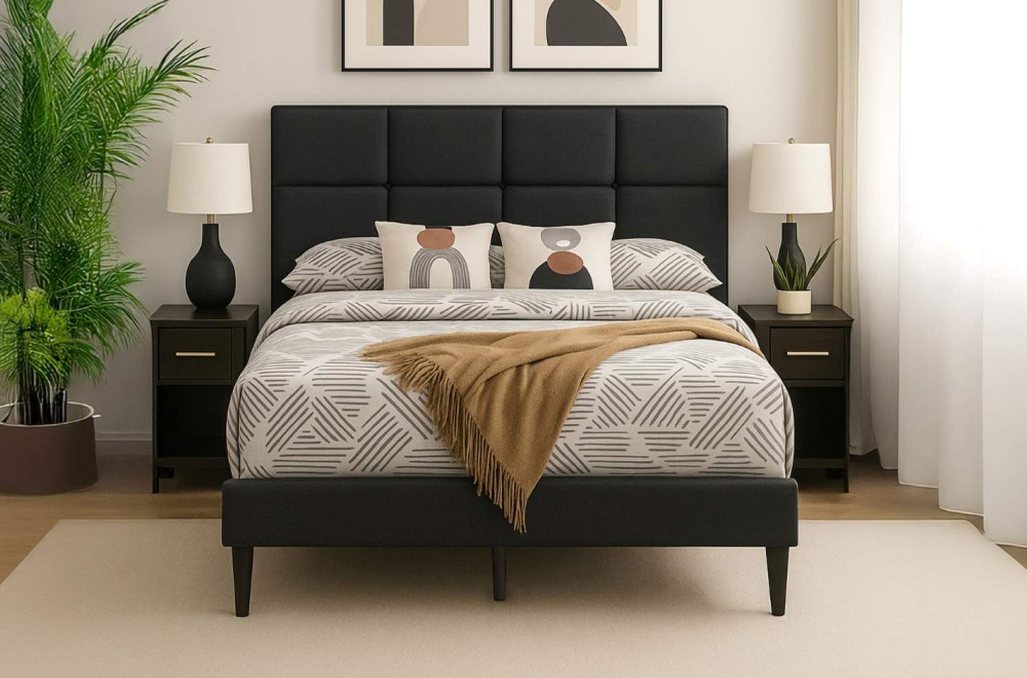 Linen Fabric Charcoal Platform Bed with Adjustable Headboard 2102