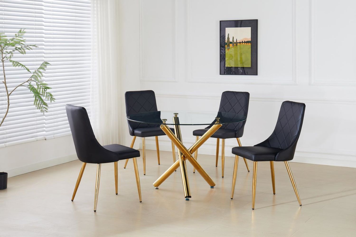 Lumina Round Glass Dining Table with 4 Black PU Chairs