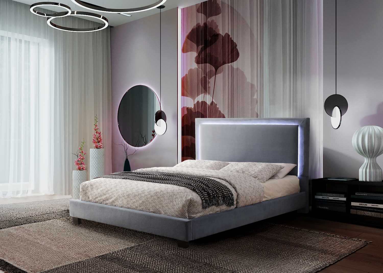 Lumina Upholstered Platform Bed with LED Grey 1991