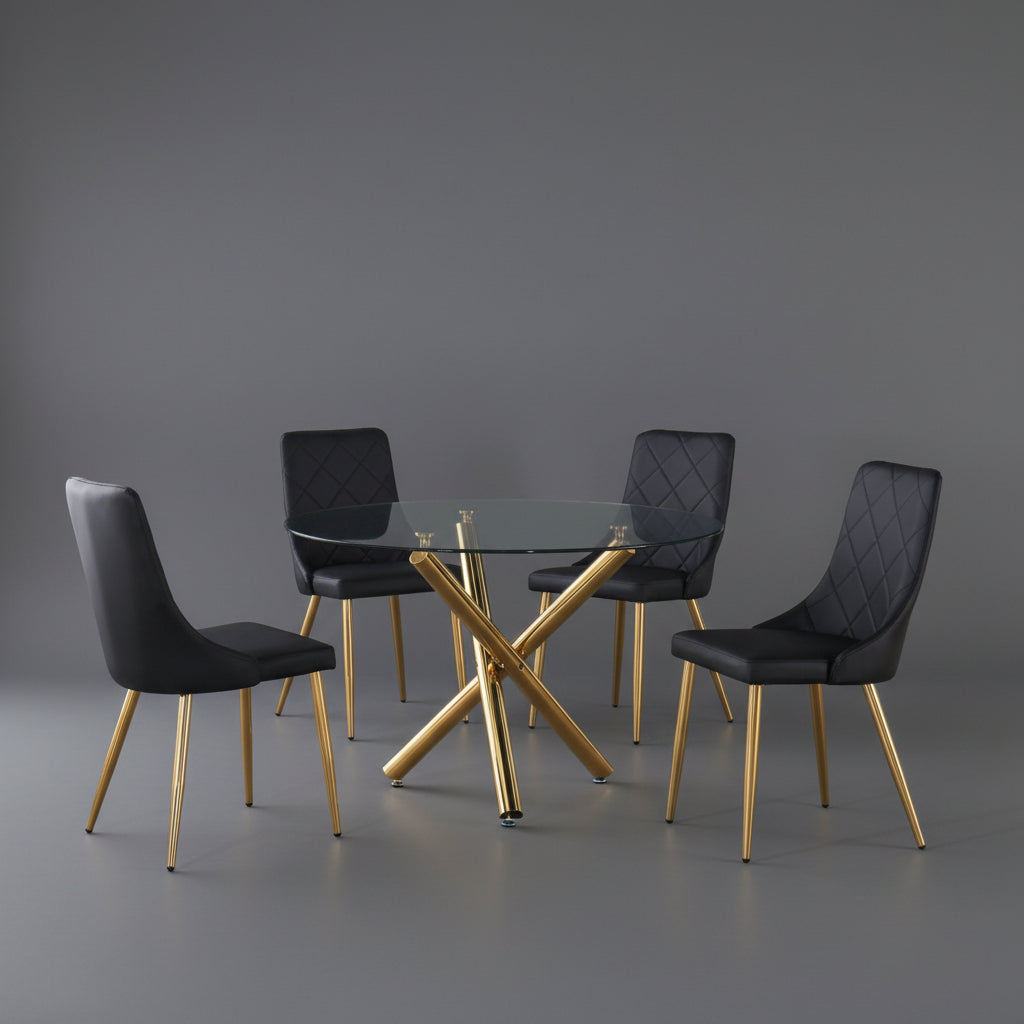 Lumina Round Glass Dining Table with 4 Black PU Chairs