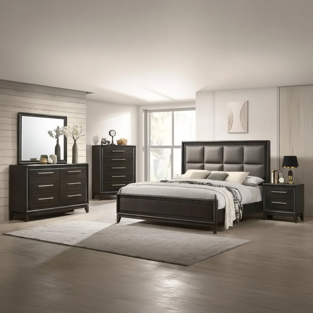 Modern bedroom set with bed, dressers, and mirror in a well-lit room.