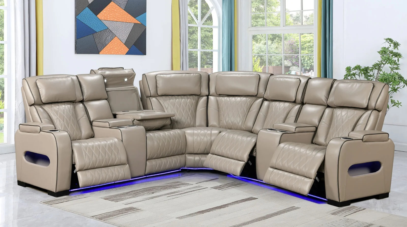 Luxurious Beige Power Recliner Sectional with LED 10152