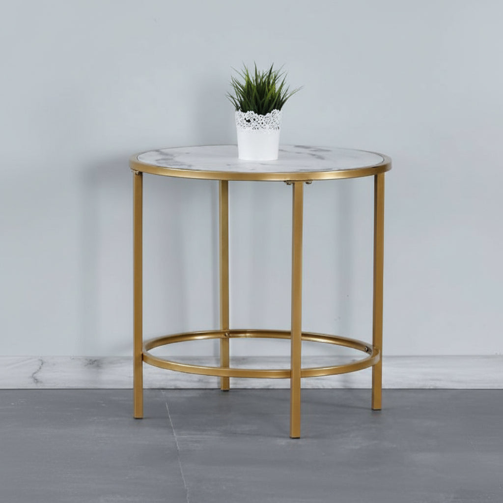 MDF Faux Marble Top End Table with Sleek Gold Metal Base 2654