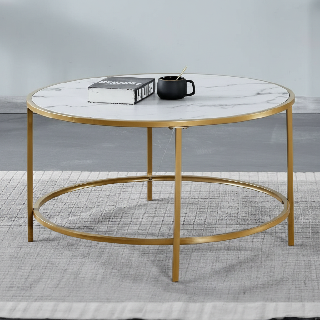 MDF Faux Marble Top Coffee Table with Sleek Gold Metal Base 2654