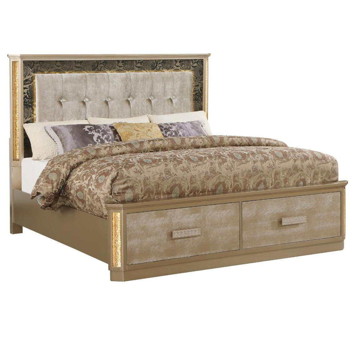 Medusa Gold Bed With Crushed Glass LED And Storage Footboard 1641