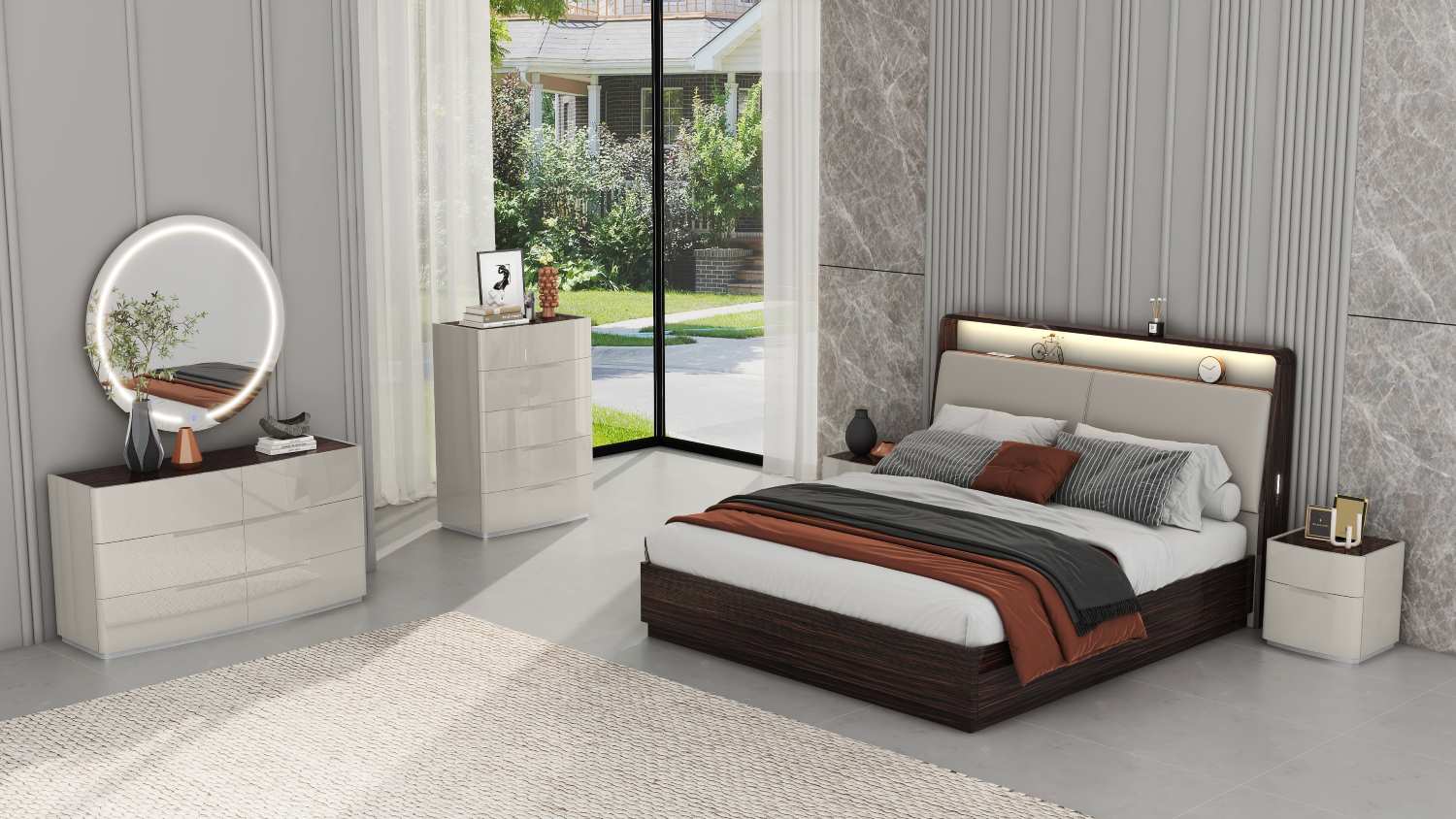 Mario Hydraulic Lift High Gloss Lacquer Bedroom Set Grey & Ebony