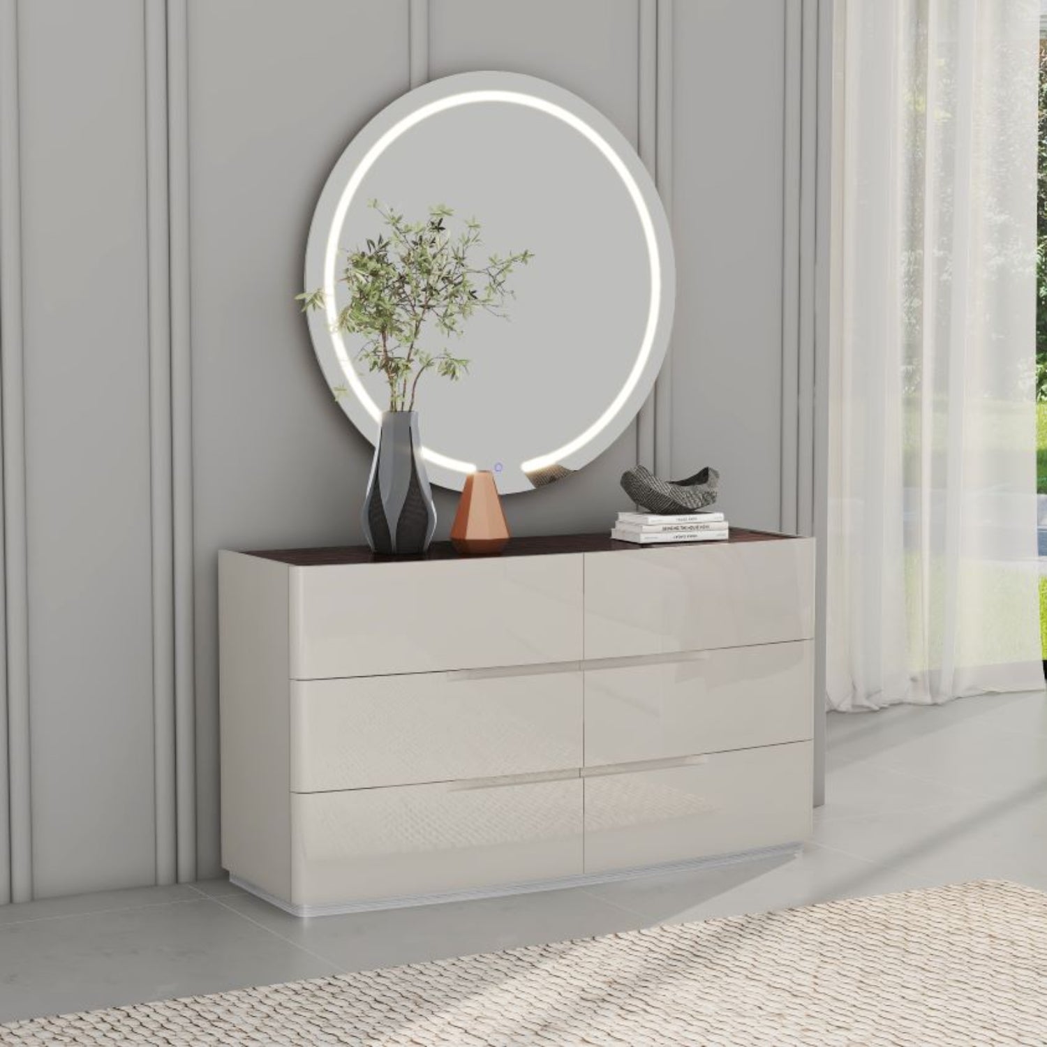 Mario High Gloss Lacquer Dresser & Mirror Grey & Ebony