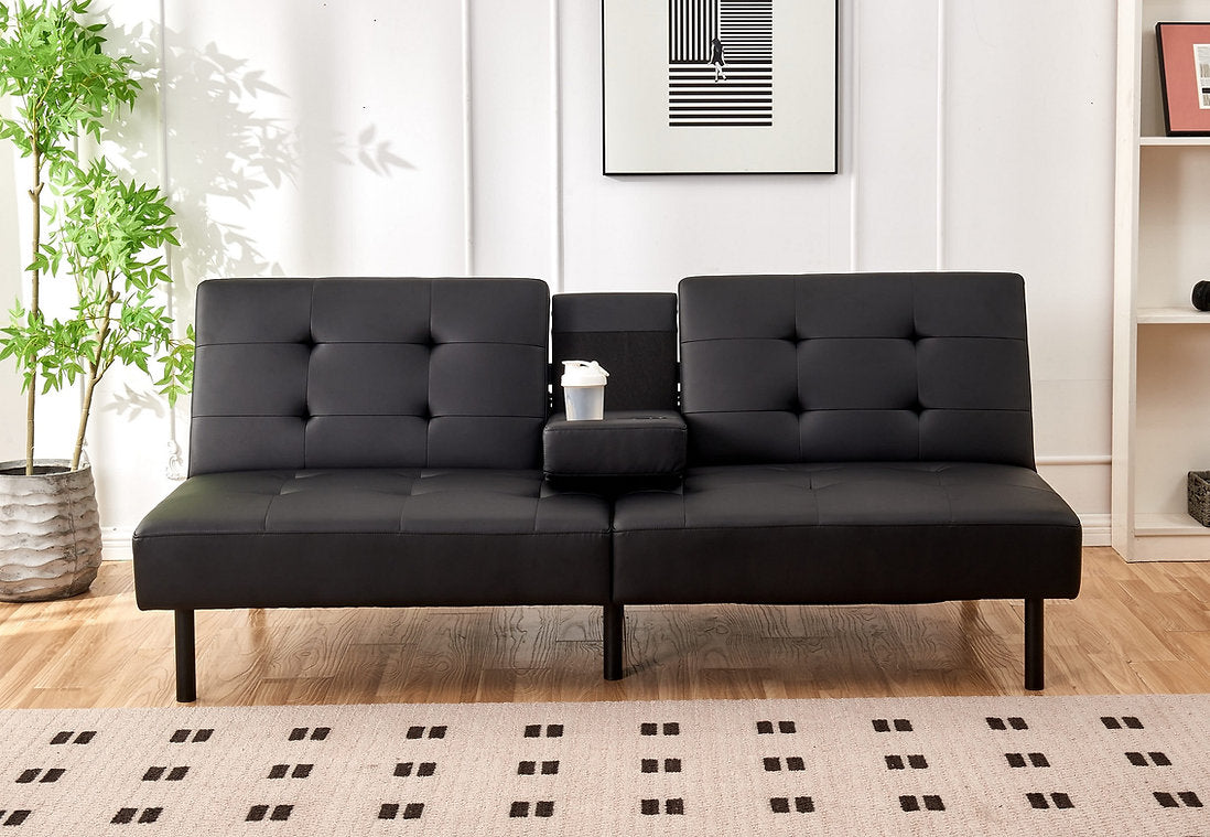 Memory Foam Black PU Klik Klak Sofa Bed With Drop-Down Tray And 2 Cupholders 8091(Discontinued)