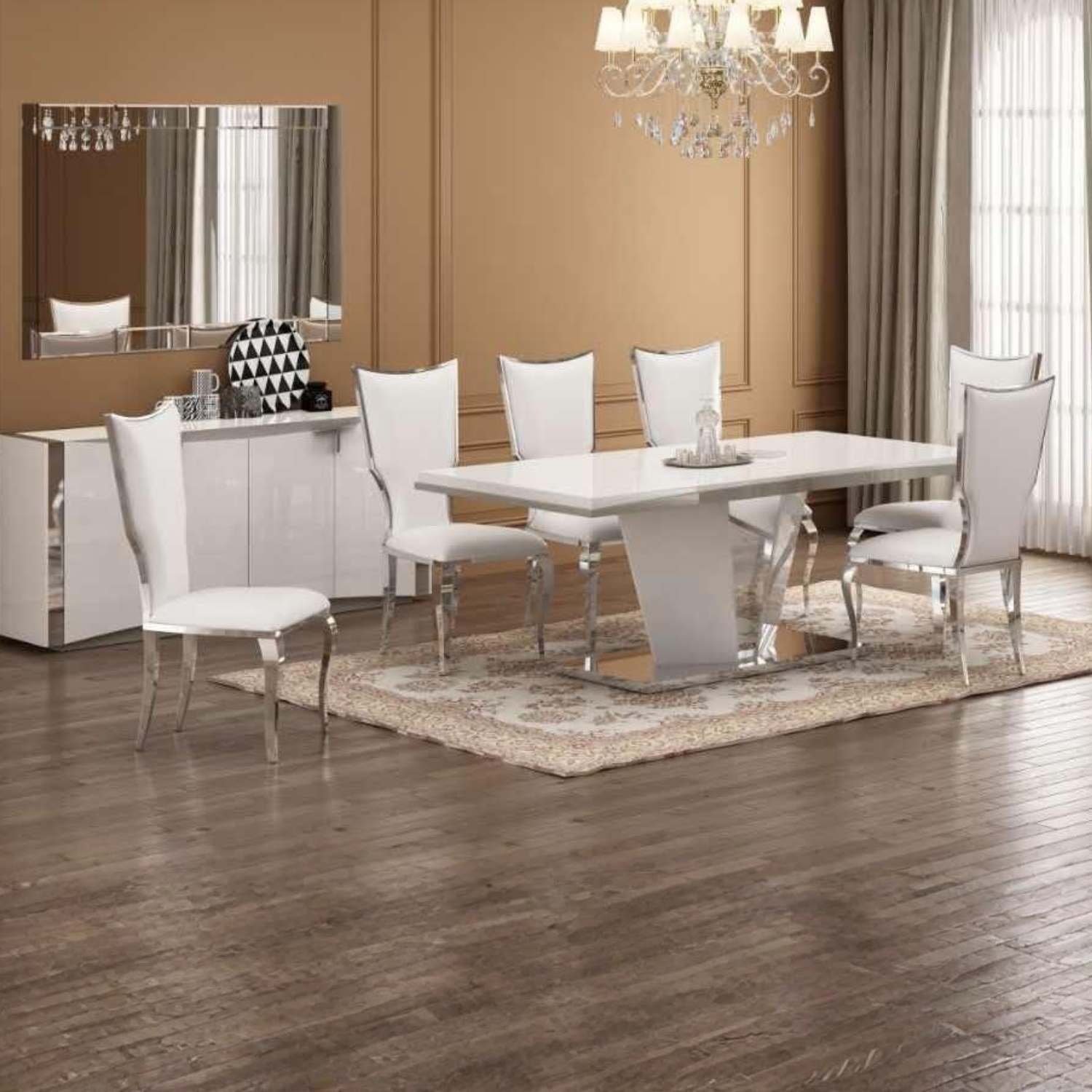Milan White High Gloss Dining Table with 6 High-Back Chairs D760