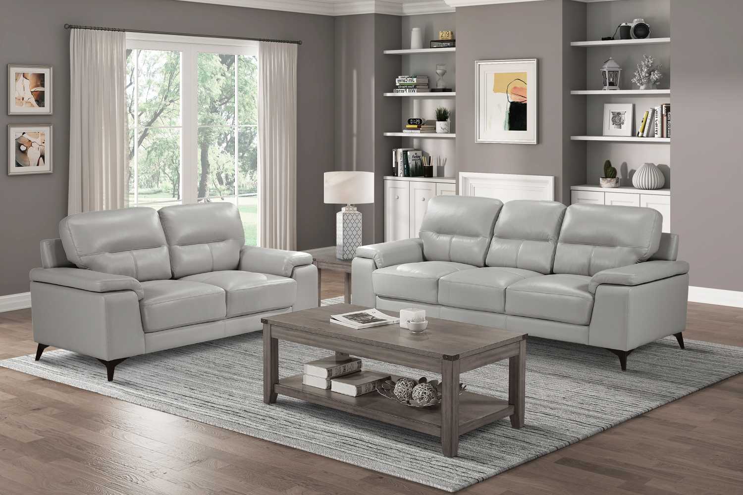 Mischa Top Grain Leather 3 PC Sofa Set Silver Grey 9514