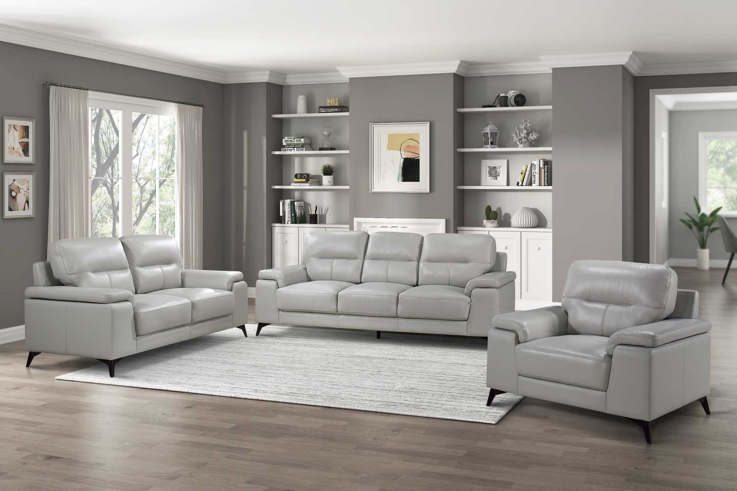 Mischa Top Grain Leather 3 PC Sofa Set Silver Grey 9514