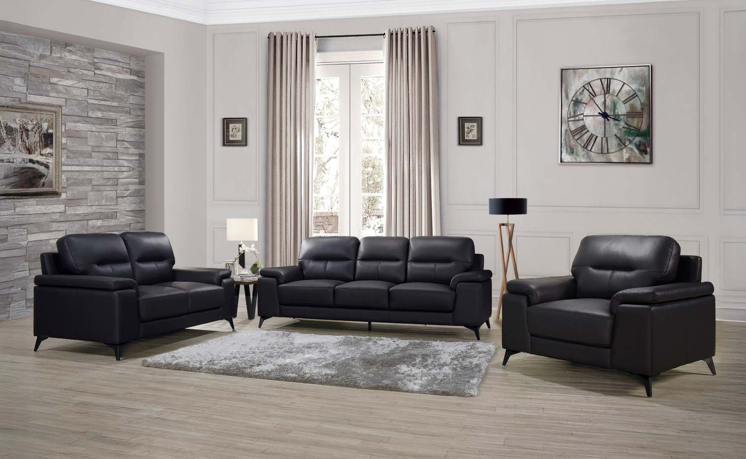 Mischa Top Grain Leather Sofa Set Black 9514