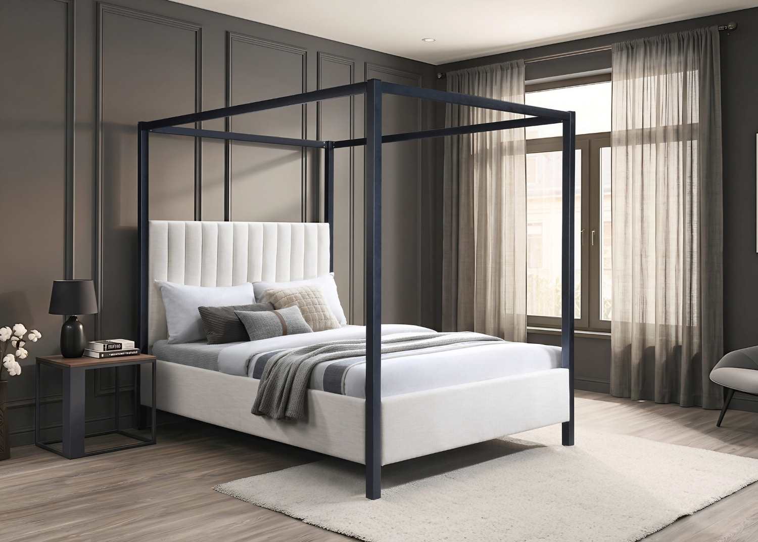 Modern Canopy Bed with Beige Upholstered Headboard 5932