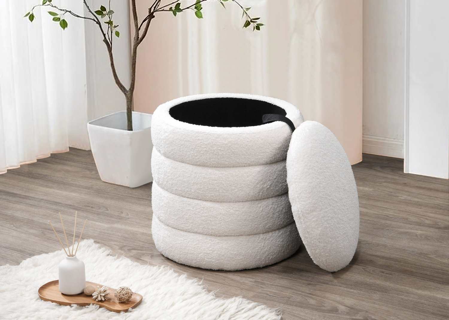 Modern Round Storage Ottoman Ivory 6240