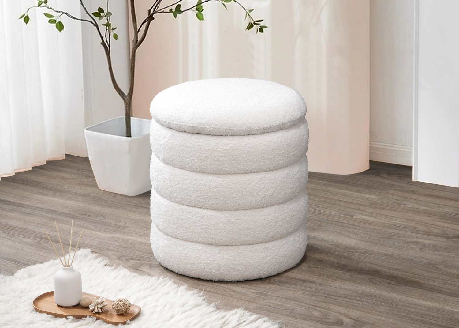 Modern Round Storage Ottoman Ivory 6240