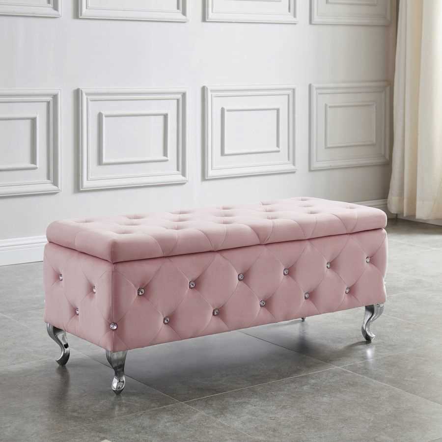 Monique Rectangular Storage Ottoman in Blush Pink and Chrome 402-130BSH
