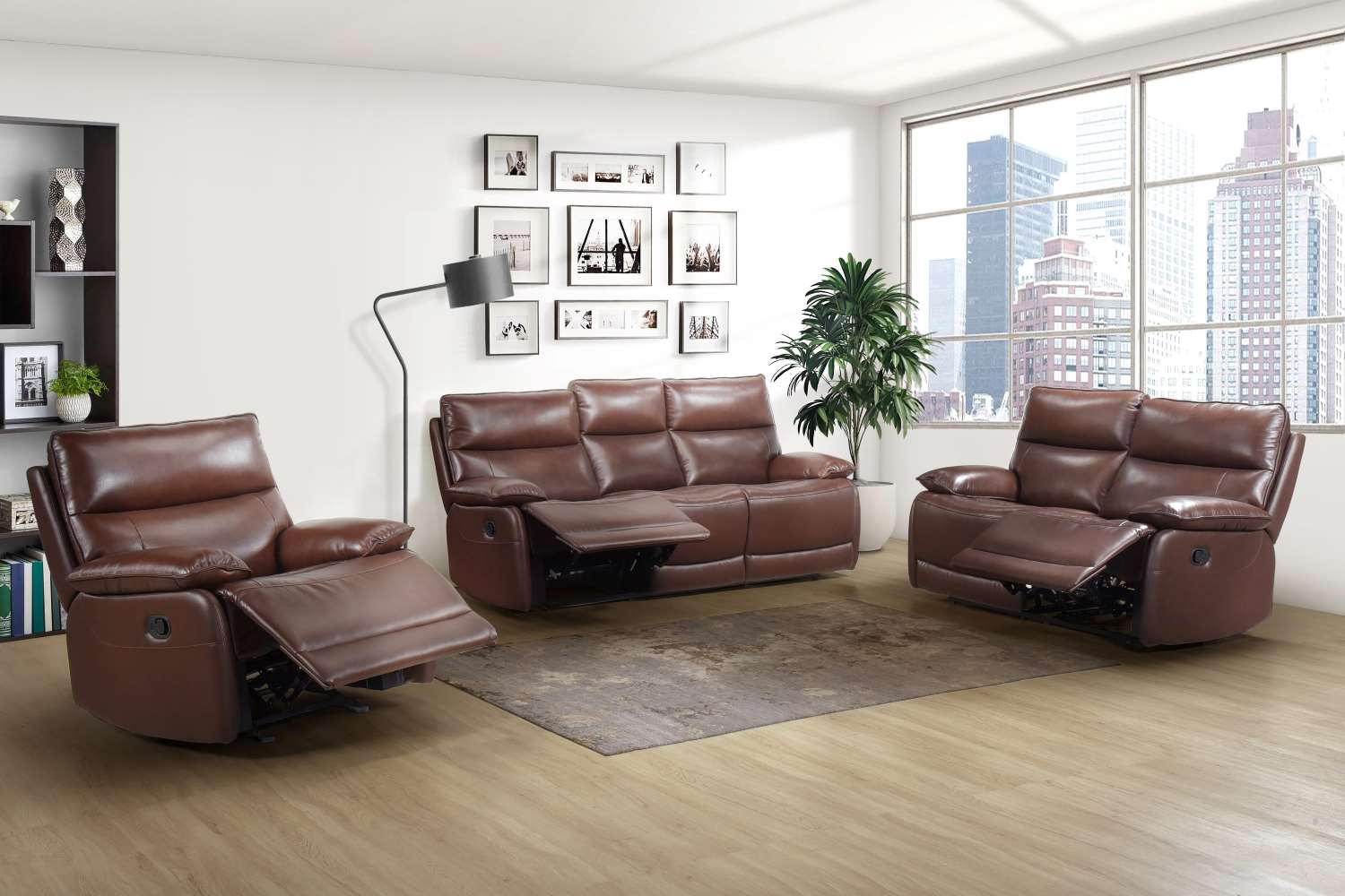 Morocco Brown Top Grain Leather Manual Recliner Sofa Set 9736