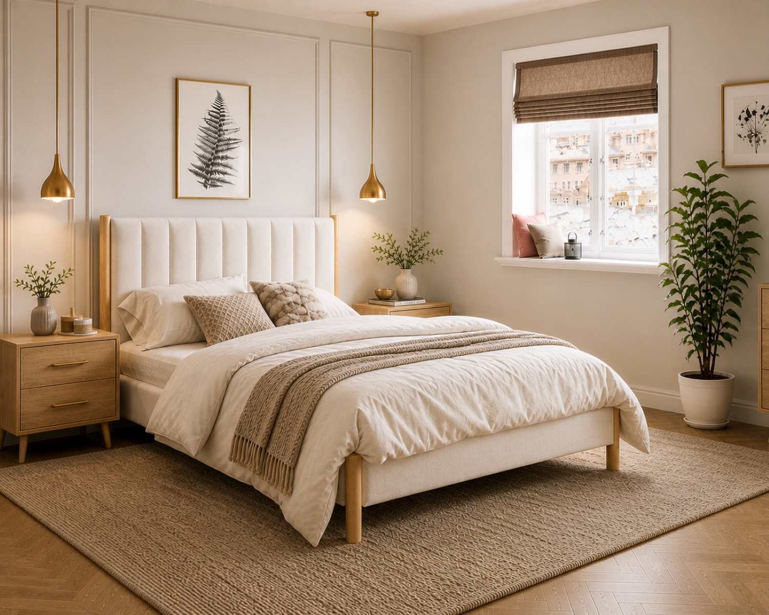 Natural Oak Finish Wooden Bed with Cream Channel-Tufted Headboard 5917