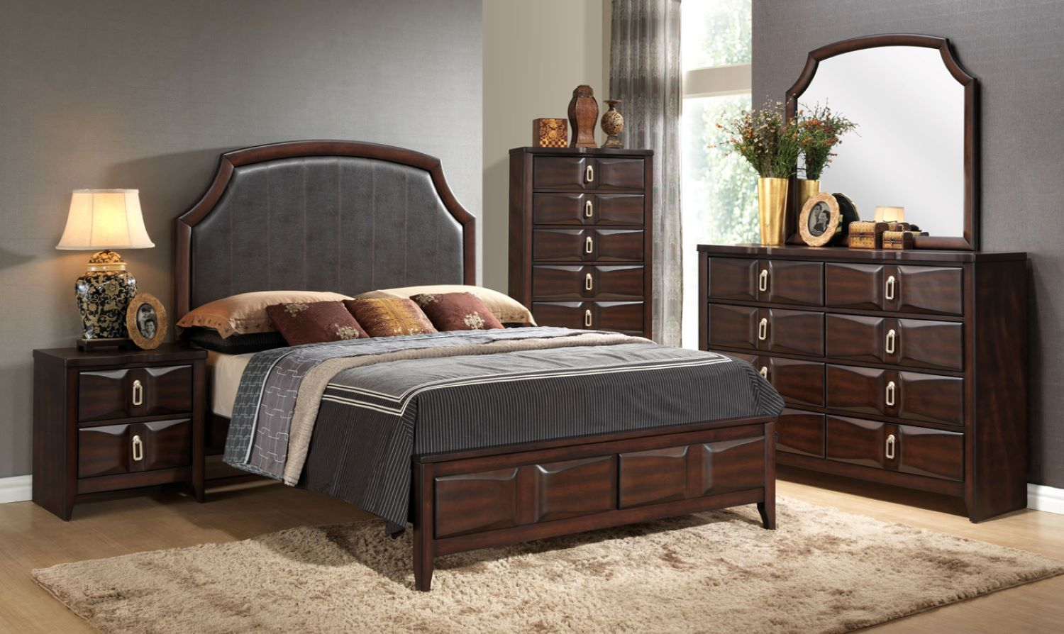 Nina Walnut Wooden Bed With PU Headboard