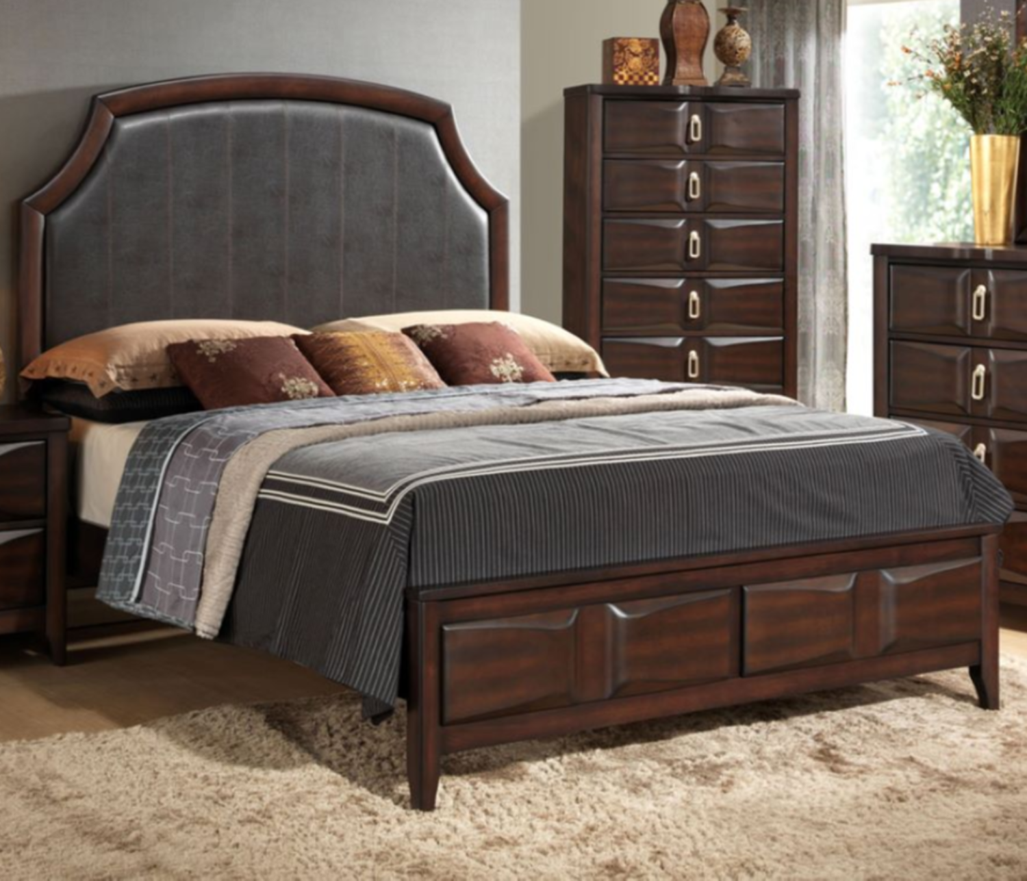 Nina Walnut Wooden Bed With PU Headboard