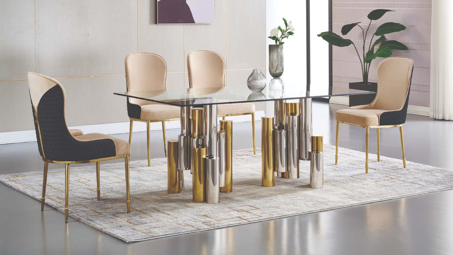 Norah Glass Dual-Tone Dining Table with 6 Fabric Chairs 1490