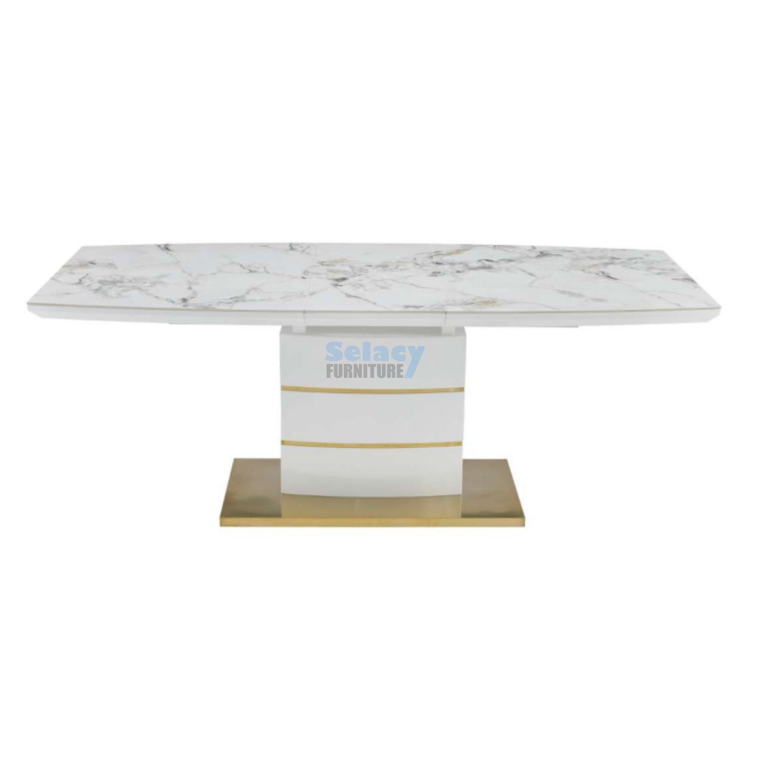 Norman White & Gold Extendable Ceramic 7PC Dining Set with White PU Chairs