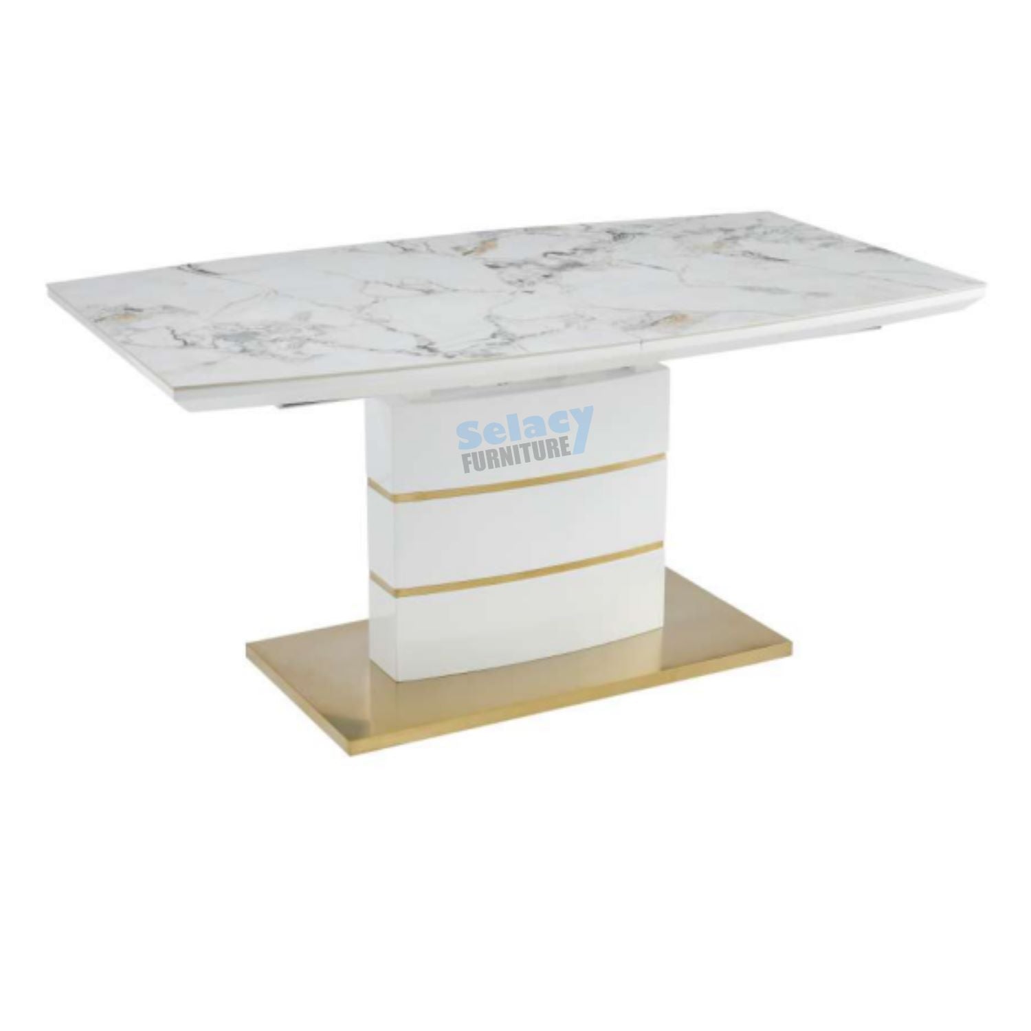 Norman White & Gold Extendable Ceramic 7PC Dining Set with White PU Chairs