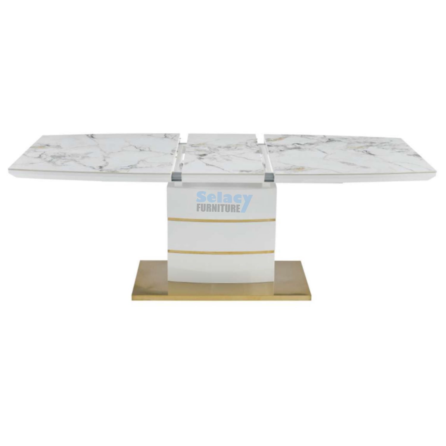 Norman White & Gold Extendable Ceramic 7PC Dining Set with White PU Chairs