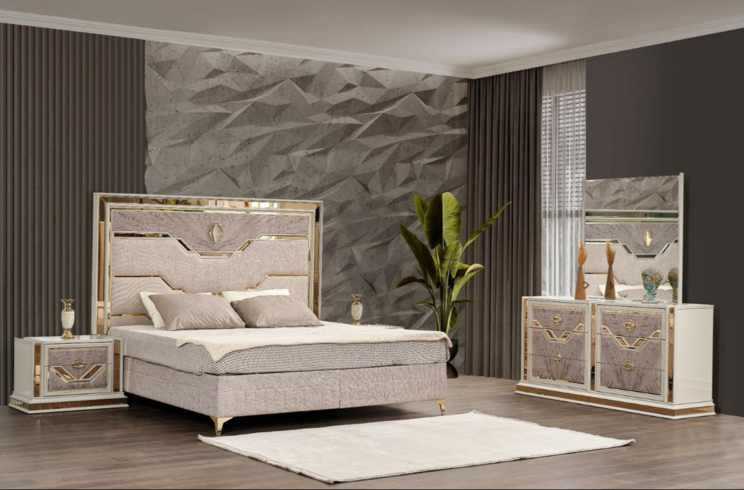 O'mari Beige Modern Bed with Gold Accent 1881