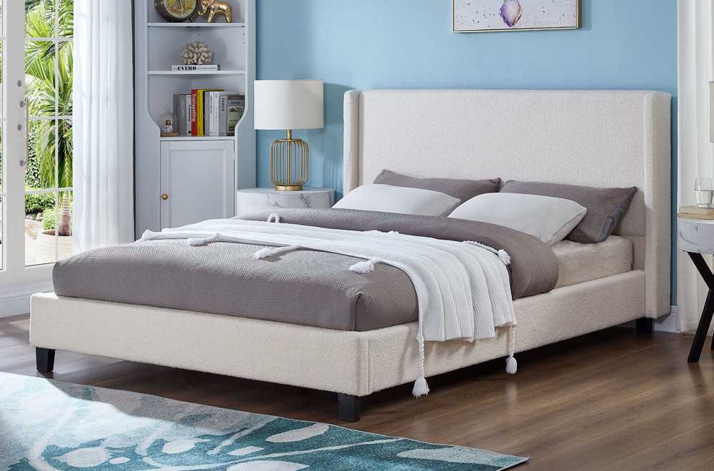 Boucle Fabric Off-White Platform Bed 2192