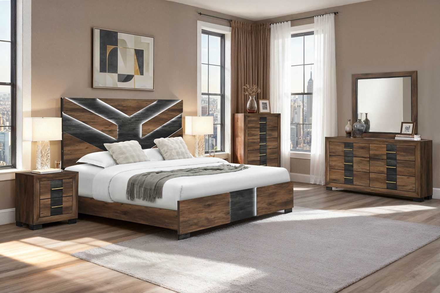 Optimus Wooden Bedroom Set Dark Brown & Walnut