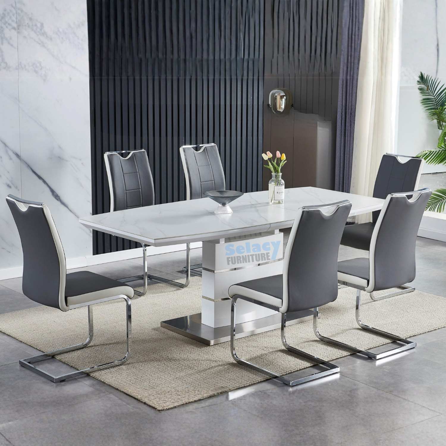 Owen White Extendable Ceramic 7PC Dining Set with PU Chairs